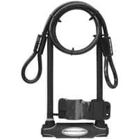 Black Master Lock U-Lock with attached coiled cable, silver logo, and keyhole on the base.