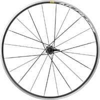 Mavic Aksium Rim Brake 700c Rear Wheel, black spokes, silver rim, yellow logo, sleek design.