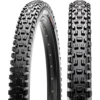 Black Maxxis Assegai MTB tyre with aggressive tread pattern, folding design, 27.5" x 2.50" size, EXO/TR WT features.