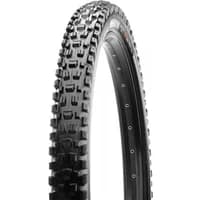Black Maxxis Assegai folding tyre with EXO TR technology, featuring aggressive tread pattern for mountain biking.