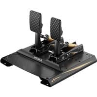 Black Moza Racing CRP2 pedals with textured throttle and brake, mounted on a sleek metal base with gold accents.