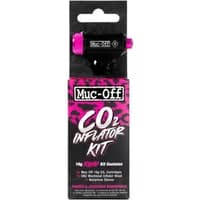 Muc-Off Road Inflator Kit, black and pink CO2 inflator with cartridge, packaged in a pink and black box.