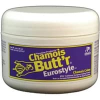 White pot of Paceline Chamois Butter Eurostyle with purple label and yellow text, featuring a cyclist logo.