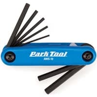 Blue Park Tool AWS-10 fold-up hex wrench set with multiple black hex keys extended.