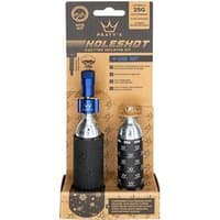 Peatys Holeshot MTB CO2 inflator with black grip sleeve, blue valve, and silver cartridge in branded cardboard packaging.