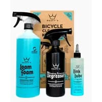 Peaty's starter pack with blue foam cleaner, black degreaser spray, and clear chain lubricant bottle.