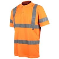 Orange hi-vis polo shirt with reflective silver stripes, short sleeves, and buttoned collar, size XXL (50in).
