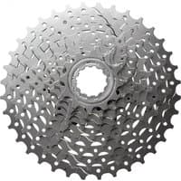 Shimano CS-HG400 Alivio 9-Speed Cassette, silver, 11-34T, with multiple sprockets and intricate gear design.