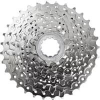 Silver Shimano CS-HG50 8-speed cassette with 11-34T gear range, featuring multiple sprockets and a central hub.