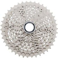 Shimano CS-M4100 Deore 10 Speed Cassette, silver with multiple gear rings and central mounting hole.
