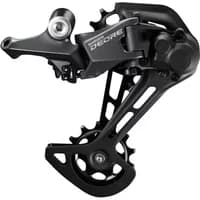 Black Shimano Deore M5100 rear derailleur with long cage, 11-speed, Shadow+ technology, sleek and durable design.