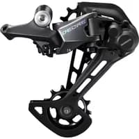 Black Shimano Deore M6100 12-speed rear derailleur with Shadow+ technology and sleek, angular design.