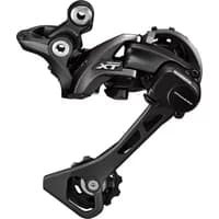 Black Shimano Deore XT M8000 Shadow Plus 11-speed rear derailleur with GS cage and sleek angular design.