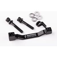 Black Shimano disc brake adaptor with bolts and washers, designed for post mount calipers, 180mm to 203mm conversion.