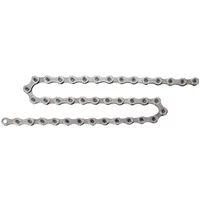 Silver Shimano HG601 11-speed bike chain with smooth, interlocking links and a sleek, durable finish.