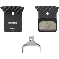 Shimano L05A-RF disc pads with black alloy cooling fins and spring, resin material, single pack.