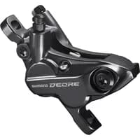 Black Shimano M6120 Deore 4-Pot brake caliper, sleek design, post mount, without adapters, silver logo detailing.