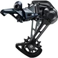 Black Shimano M7100 SLX 12-speed rear derailleur with Shadow+ technology and long cage design.