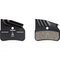 Shimano N03A disc pads with black alloy backing, cooling fins, and resin braking surface, includes spring.