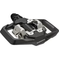 Black Shimano PD-ME700 SPD pedals with dual-sided cleat engagement and durable metal platform.
