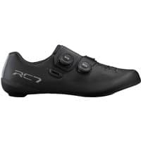 Black Shimano RC7 road cycling shoe with dual BOA dials and sleek aerodynamic design.