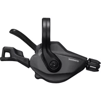 Black Shimano Deore XT 12-speed shifter with ergonomic lever and band-on mount, sleek design for right hand use.