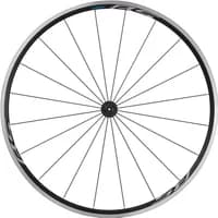 Black Shimano WH-RS100 Clincher Front Wheel with silver rim, 100 mm Q/R, featuring sleek spokes and minimalist design.