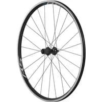 Black Shimano WH-RS100 clincher rear wheel with silver spokes and hub, featuring a sleek aerodynamic rim design.