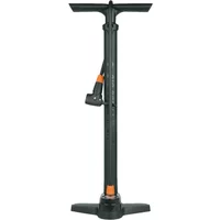 Black SKS Air-X-Press 8.0 floor pump with T-handle, pressure gauge, and orange accents on base and hose clip.