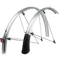 Silver SKS Bluemels 28in mudguard set with curved design, black flaps, and metal support struts.