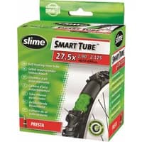 Slime Self Healing 27.5in Inner Tube box, green and black with Presta valve, features self-repairing technology.