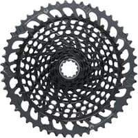 Black SRAM Eagle XG-1295 12-speed cassette with intricate gear pattern and wide 10-52 tooth range.