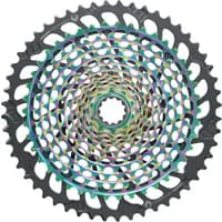 SRAM Eagle XG-1299 12-speed cassette, 10-52T, with rainbow finish and intricate gear pattern.