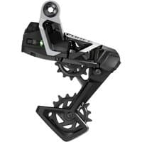 Black and silver SRAM Force 1x AXS XPLR rear derailleur, 13-speed, max 46T, angular design, battery slot visible.