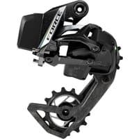 Black SRAM Force AXS E1 12-speed rear derailleur, sleek design, carbon fiber finish, max 36T capacity, battery slot.