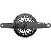 Black SRAM Force AXS E1 DUB crankset with power meter spider, sleek design, and visible chainring teeth.