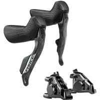 Black SRAM Force AXS E1 shift/hydraulic disc brake levers with textured grips, Stealthamajig connectors.