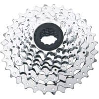 Silver SRAM PG-950 9-speed cassette with 11-34T range, featuring a black core and shiny, intricately cut sprockets.