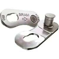Silver SRAM Powerlock chain connector for 12-speed, featuring two interlocking plates with engraved branding and arrow.