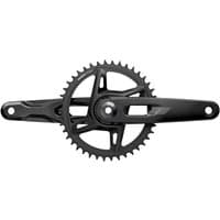 Black SRAM Rival 1x E1 XPLR DUB WIDE crankset with a 42T chainring and sleek, aerodynamic design.