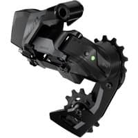 Black SRAM Rival AXS E1 12-speed rear derailleur with two pulleys and sleek angular design.