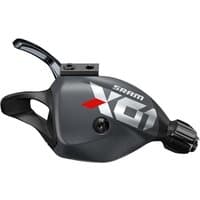SRAM X01 Eagle Trigger Shifter, black with silver and red logo, ergonomic lever, and textured grip dial.