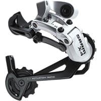Black and silver SRAM X4 rear derailleur with long cage, designed for 7/8 speed bikes, featuring large jockey wheels.