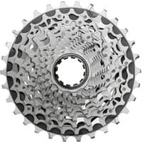 Silver SRAM XG-1270 E1 12-speed cassette with intricate gear pattern and black inner ring.