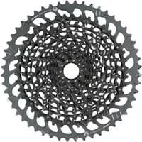 Black SRAM XG-1275 Eagle 12-speed cassette with intricate gear pattern, 10-52T range.