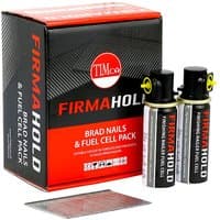 TIMCO Firmahold pack with angled galvanised brad nails and two fuel cells, red and black box design.