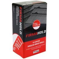 TIMCO Firmahold box of angled 16 gauge stainless steel brad nails, black and red packaging with white text.