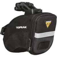 Black Topeak Aero Wedge QuickClick Saddlebag with reflective strip, zippered pocket, and durable fabric.