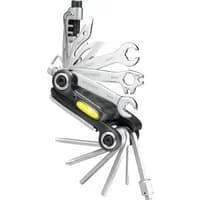Topeak Alien II MultiTool with silver wrenches, screwdrivers, and black handle featuring a yellow logo.