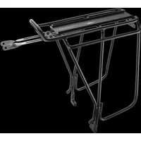 Black Topeak Super Tourist DX rear pannier rack, sturdy metal frame, compatible with 26-29 inch wheels, disc brake ready.